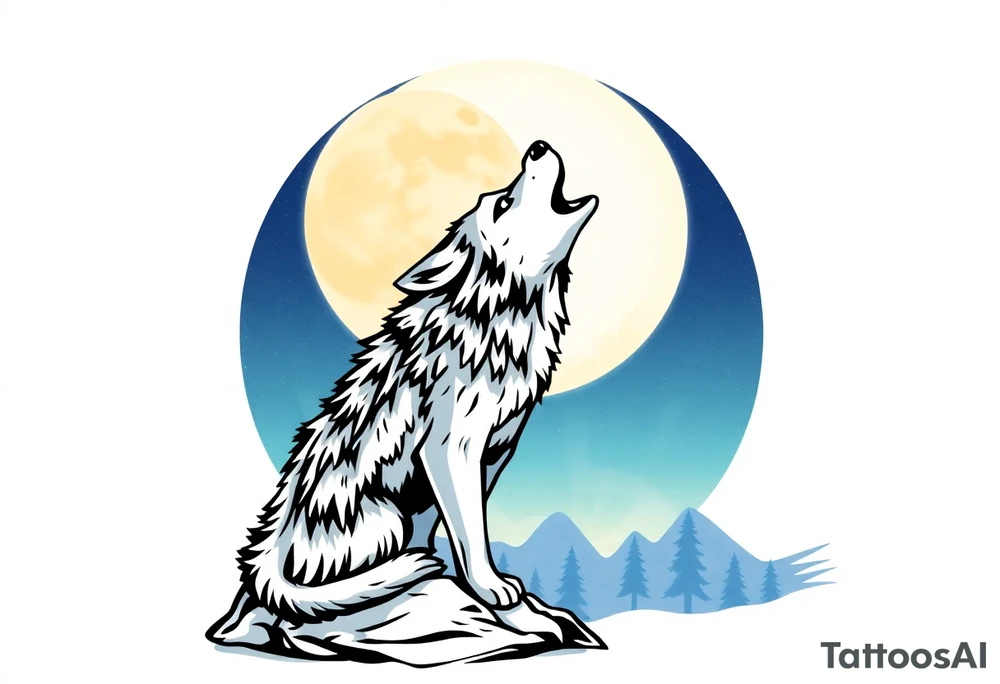 lone wolf howling at full moon with northern lights backdrop tattoo idea