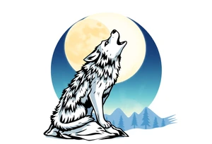 lone wolf howling at full moon with northern lights backdrop tattoo idea