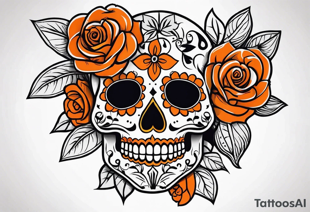 Sugar skull with roses that are orange and black tattoo idea