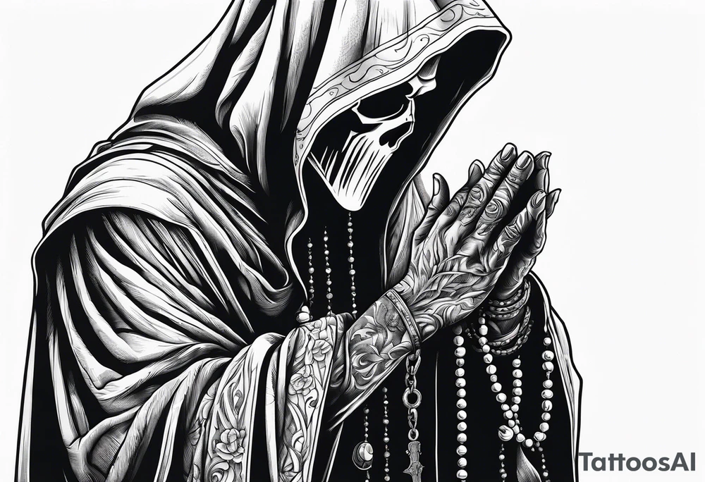 The grim reaper standing from a side profile praying with a rosary wrapped around his hands tattoo idea
