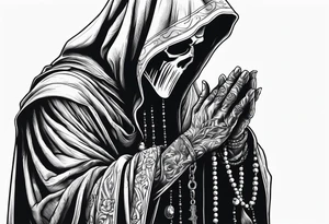 The grim reaper standing from a side profile praying with a rosary wrapped around his hands tattoo idea