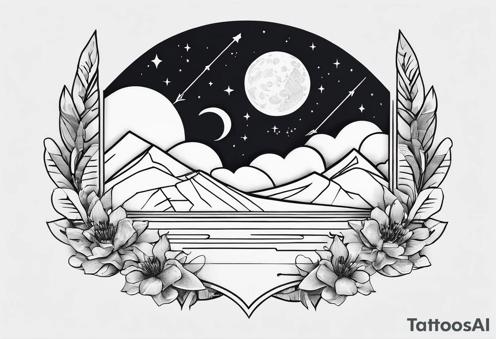 moon fine linework arrow tattoo idea