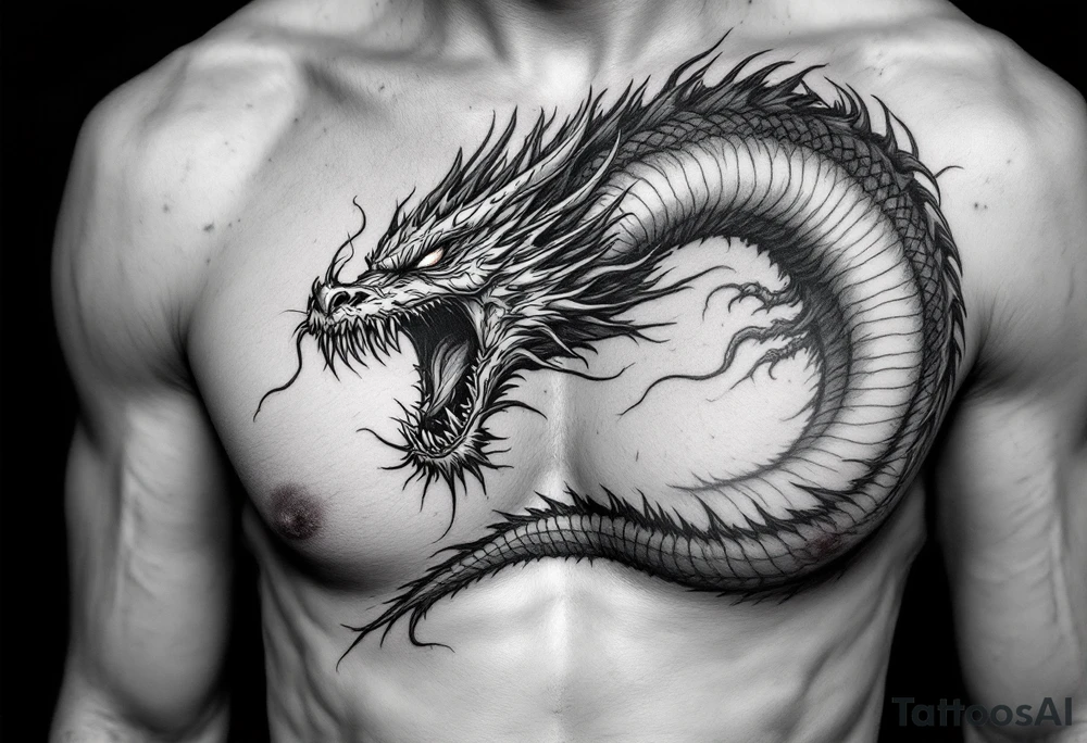 scary big dragon hissing with long tail tattoo idea