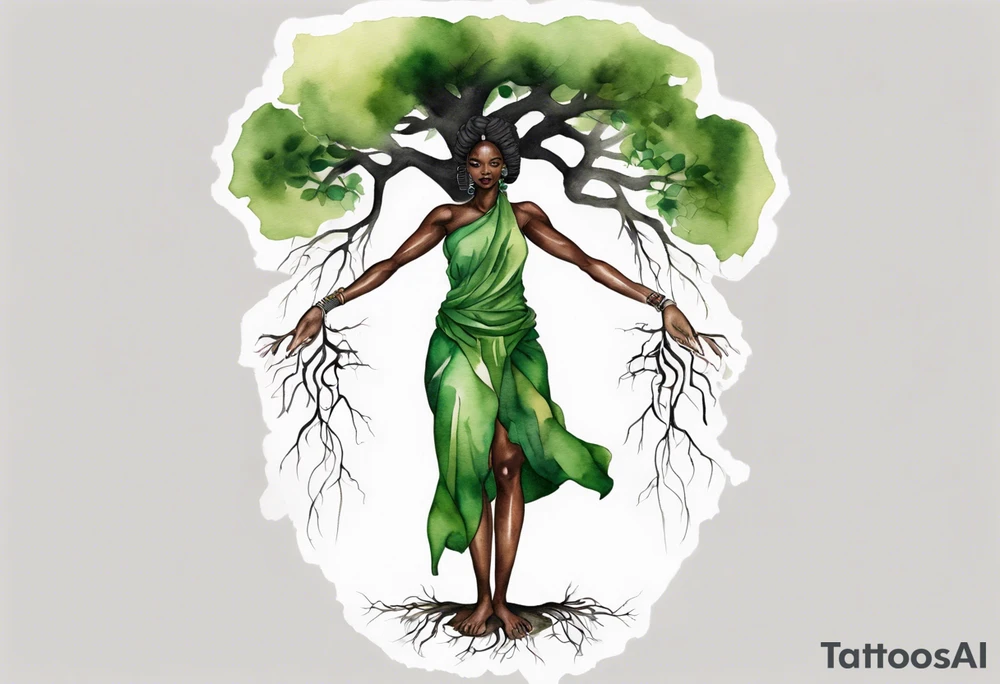 a tree trunk with roots that is a black woman from the waist up, feet made of tree roots, wearing a green tunic, arms reaching upward tattoo idea