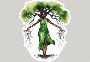 a tree trunk with roots that is a black woman from the waist up, feet made of tree roots, wearing a green tunic, arms reaching upward tattoo idea