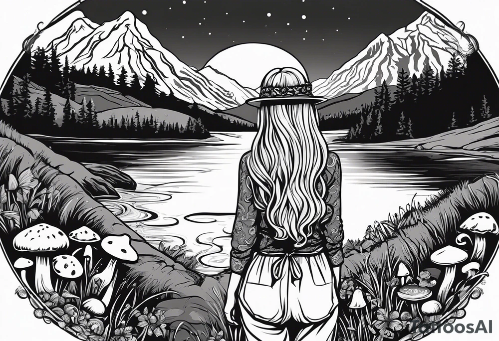 Whole picture encircled fully

Straight long blonde hair hippie girl in distance holding mushrooms in hand facing away toward mountains and creek surrounded by mushrooms long sleeve shirt and hiking pants; whole rendering within a full celtic circle border, no cut off circle tattoo idea