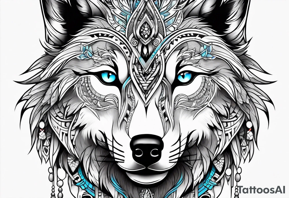 Wolf with light blue eyes between tribal figures tattoo idea