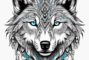 Wolf with light blue eyes between tribal figures tattoo idea
