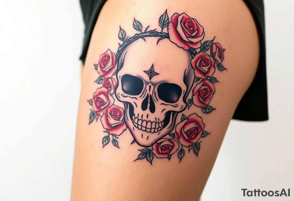 ornate skull adorned with crown of wild roses and thorns tattoo idea