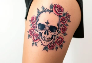ornate skull adorned with crown of wild roses and thorns tattoo idea