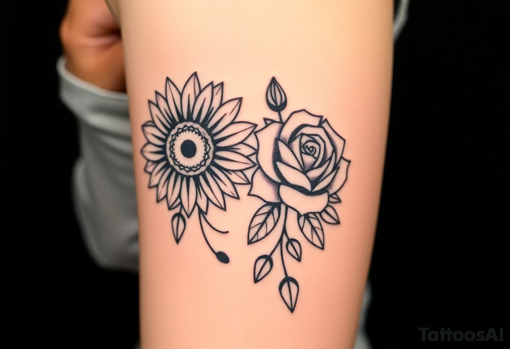 bouquet of 2 flowers, a sunflower and a rose surrounded by a lot greenery, leaves and smaller flower buds. tattoo idea