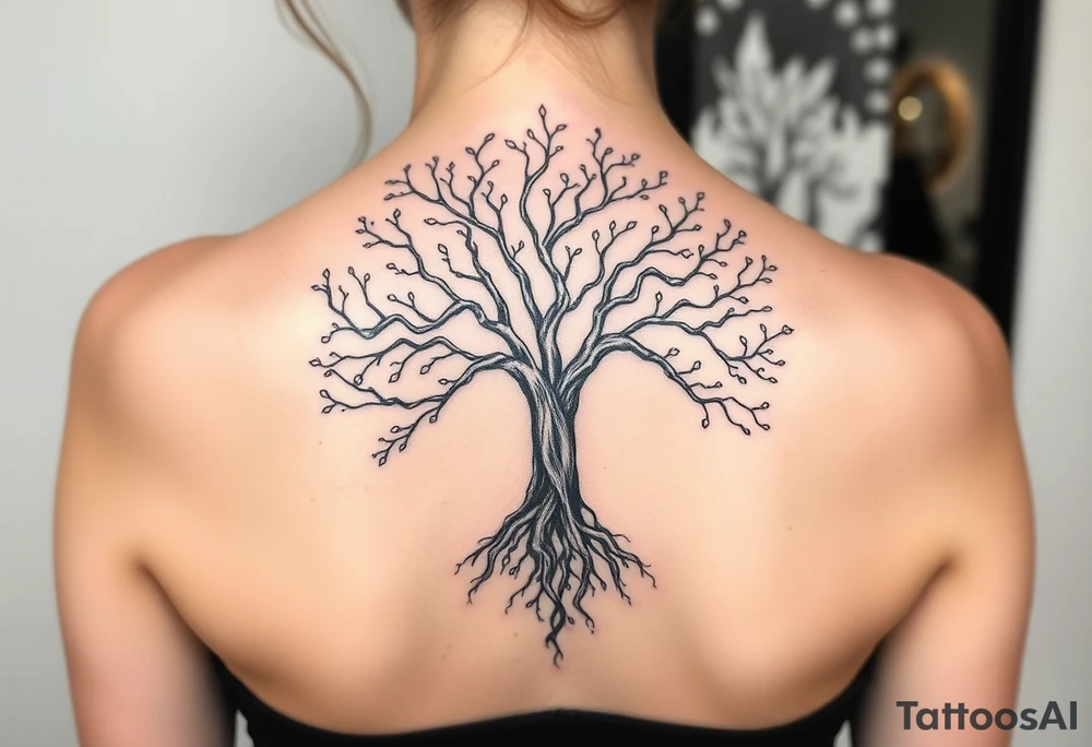 mystical tree of life with cosmic roots and celestial branches tattoo idea