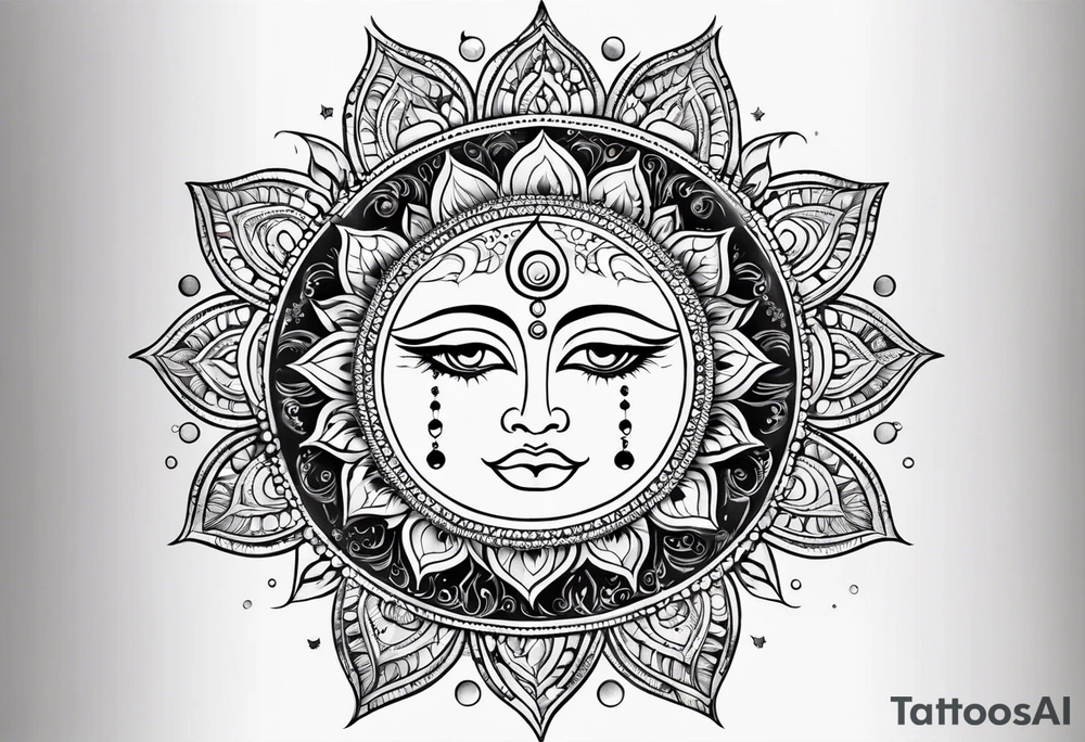 divine feminine arm sleeve with the sun and moon and 7 chakras tattoo idea