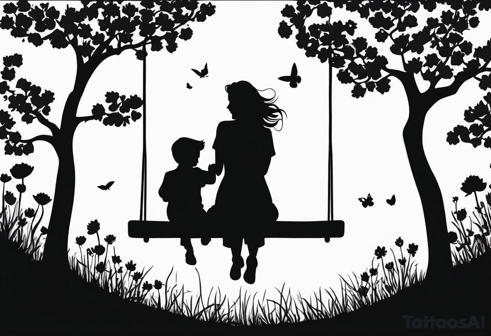 Mom with son and daughter on a swing in the distance in a field of flowers tattoo idea