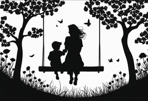 Mom with son and daughter on a swing in the distance in a field of flowers tattoo idea