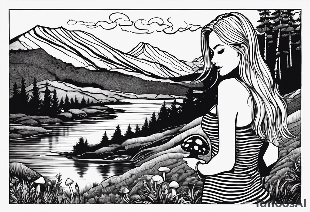Straight long blonde hair girl standing in right corner in distance holding mushrooms in hand facing away toward mountains and creek surrounded by mushrooms black and white striped dress tattoo idea