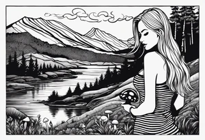Straight long blonde hair girl standing in right corner in distance holding mushrooms in hand facing away toward mountains and creek surrounded by mushrooms black and white striped dress tattoo idea