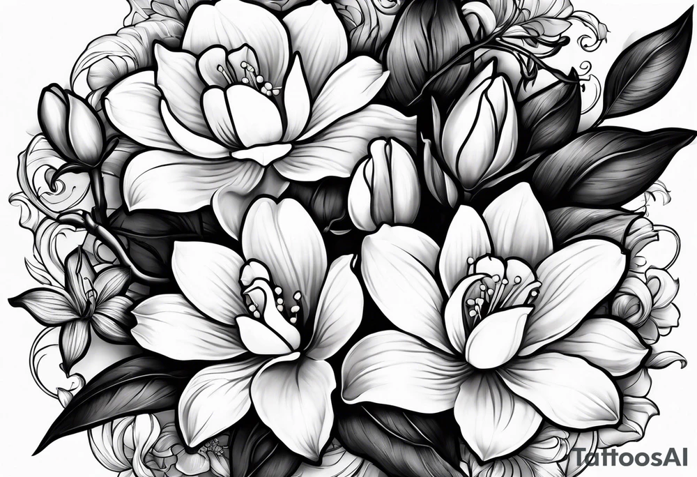 Rose, orchid, lily of the valley, dog wood tattoo idea