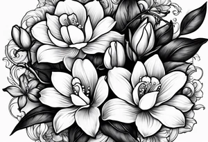 Rose, orchid, lily of the valley, dog wood tattoo idea
