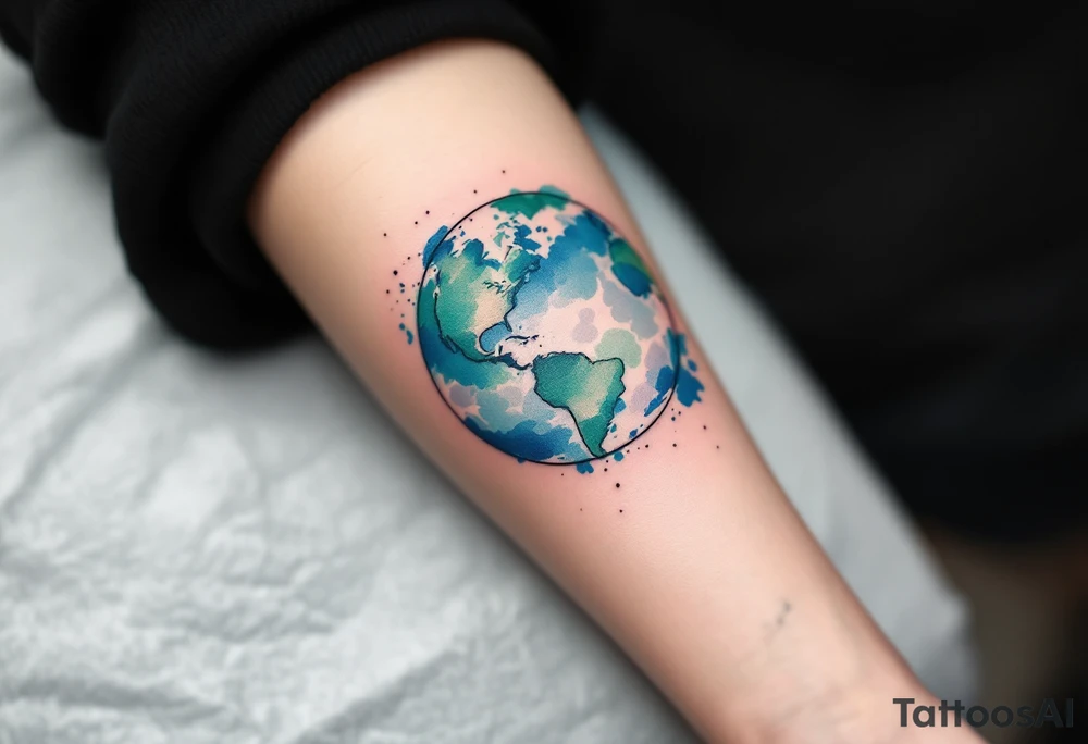 A vibrant watercolor Earth tattoo in shades of blue and green splashes across the forearm like a painter’s globe. tattoo idea