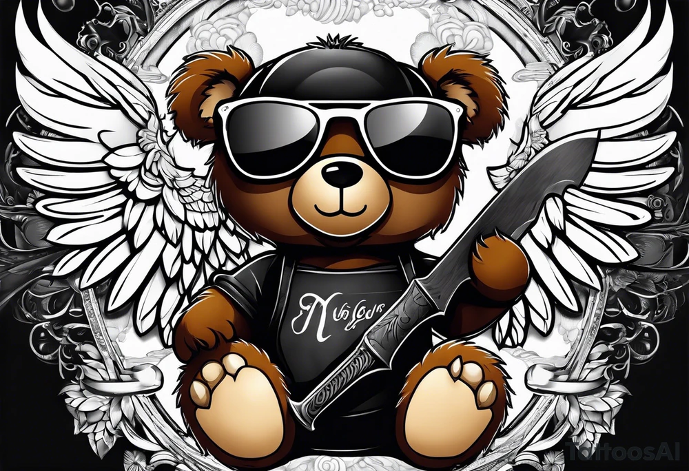 Teddy bear with wings wearing big sunglasses holding a tool tattoo idea