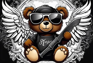 Teddy bear with wings wearing big sunglasses holding a tool tattoo idea