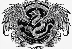 make the theme: Spiritual guardianship and divine authority. 
A majestic, winged serpent coiled around a shield and sword, with the verse inscription woven into the design. tattoo idea