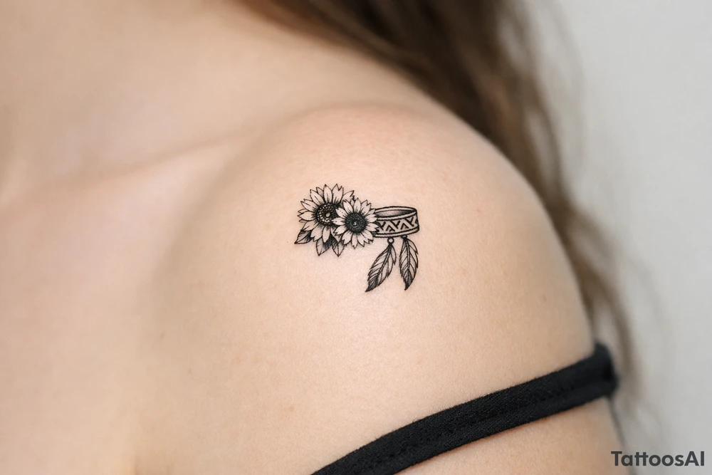 sunflowers with feathers and female Indian headband ribbon tattoo idea