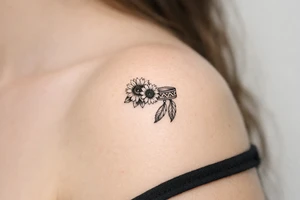 sunflowers with feathers and female Indian headband ribbon tattoo idea