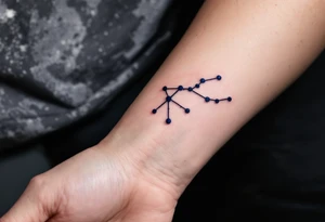 A bold constellation in sapphire ink arcs over a pale Pisces glyph, creating a celestial connection on the wrist. tattoo idea