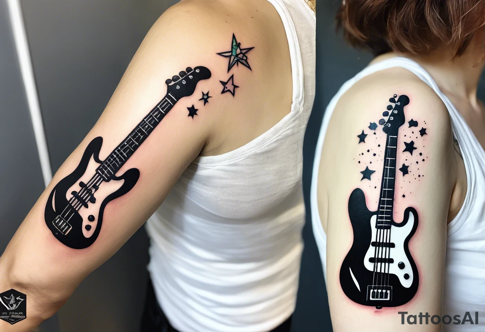 Tattoo full left arm with a collage of a bass guitar, mickey mouse symbol, a medicine caduceus, two stars tattoo idea