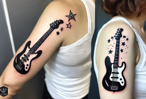 Tattoo full left arm with a collage of a bass guitar, mickey mouse symbol, a medicine caduceus, two stars tattoo idea