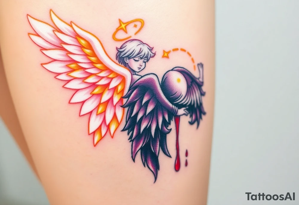 Seraphim angel, with brilliant white wings that shine with golden accents and divine light, is contrasted with a fallen angel, whose wings are tattered and darkened with deep purples, reds, and blacks, dripping with sorrowful tears of blood. tattoo idea