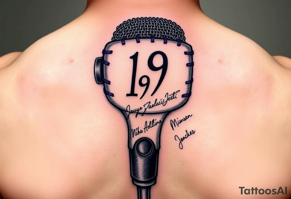 A wireless, black microphone with purple stitches holding it together. On the mouth part is the number 19. On the part where someone would hold the microphone is the autographs of Jared Padalecki, Misha Collins and Jensen Ackles tattoo idea