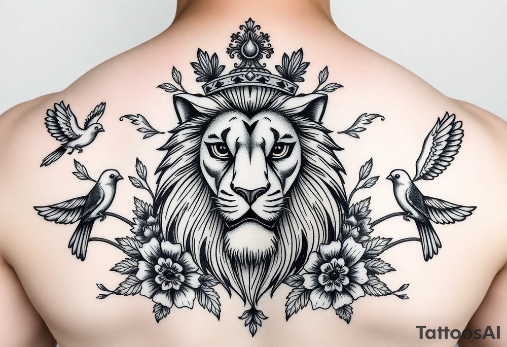 powerful majestic lion with a crown, surrounded by floral ornaments and birds tattoo idea