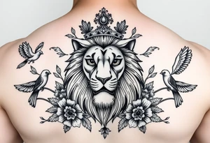 powerful majestic lion with a crown, surrounded by floral ornaments and birds tattoo idea