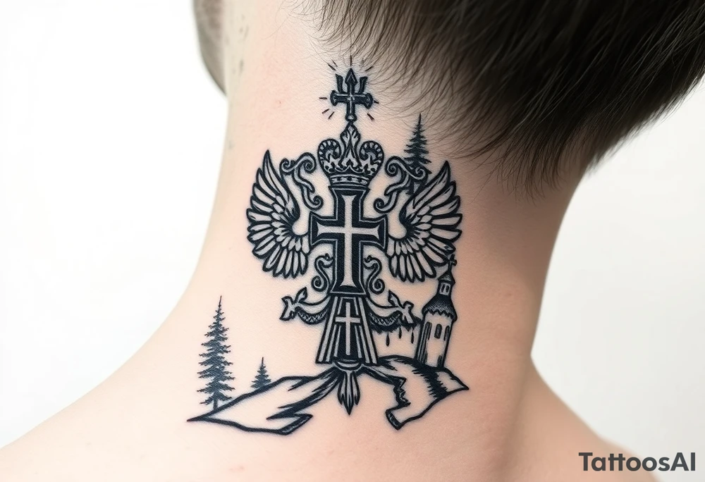 russian coat arms in a russian christian orthodox cross with the cross in the middle with a virgin mary & orthodox dome church on the side of the neck in a wilderness setting tattoo idea