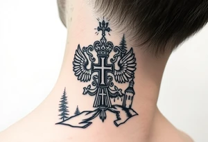 russian coat arms in a russian christian orthodox cross with the cross in the middle with a virgin mary & orthodox dome church on the side of the neck in a wilderness setting tattoo idea