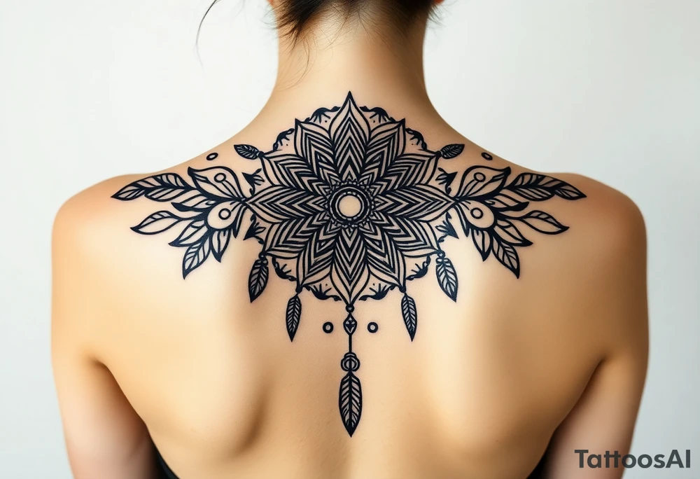 shaman symbols and mandalas and feathers wicca witch spiritual and sami culture big whole back tattoo idea