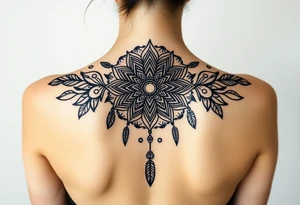 shaman symbols and mandalas and feathers wicca witch spiritual and sami culture big whole back tattoo idea