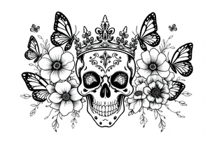ornate skull adorned with gorgeous crown surrounded by boho flowers and butterflies tattoo idea