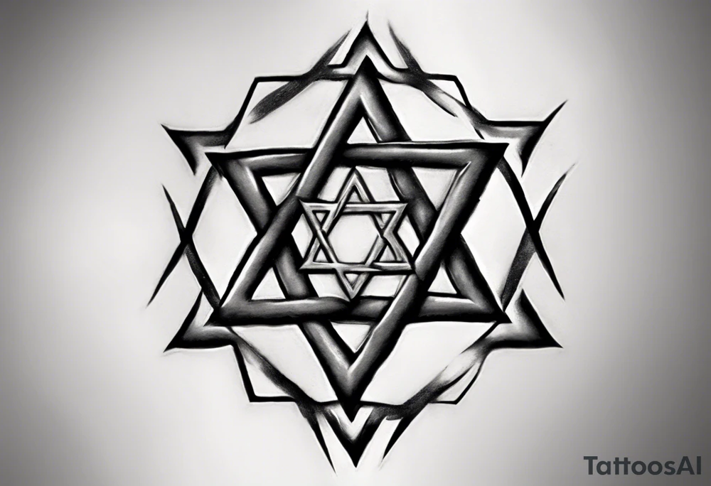 Generate a small 3”x3” tattoo with a rough metal tarnished Star of David using black & grey ultra realism tattoo style that looks as if it was woven into the muscles of the of the left peck. With “Pain is Power. Use it to help heal the world” inscribed on the Start of David like it was chiseled into the steel leaving it looking clean cut and gleaming tattoo idea