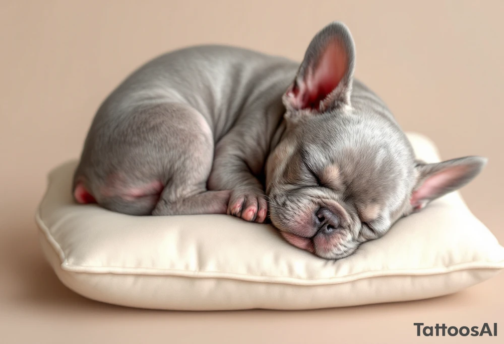 Sleeping French Bulldog puppy curled up in a ball, with light gray fur and subtle cream highlights, set on a cozy pillow. tattoo idea