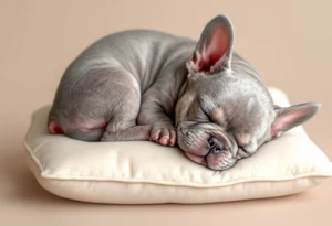 Sleeping French Bulldog puppy curled up in a ball, with light gray fur and subtle cream highlights, set on a cozy pillow. tattoo idea