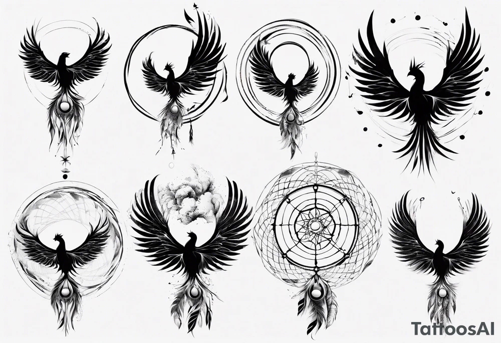 Vertical Phoenix in circles with abstract dream catcher tail tattoo idea Vertical Phoenix in circles with abstract dream catcher tail tattoo idea