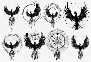 Vertical Phoenix in circles with abstract dream catcher tail tattoo idea