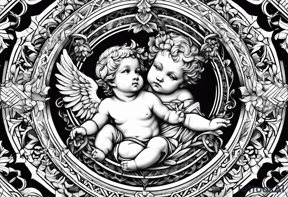 renaissance style cherub geometric no border tattoo idea