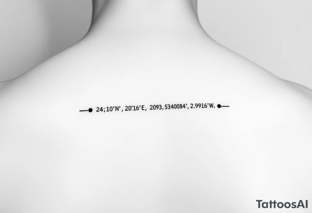 A minimal fine-line tattoo showing a straight, thin horizontal timeline with two small evenly spaced dots. Below the first dot, write the coordinates: "24°10′N, 20°16′E". Below the second dot, write: "53.4084°N, 2.9916°W". Above each coordinate, place a small circle or marker dot to signify key points. Beneath the entire timeline, add a single row of visual Morse code symbols using only dots (●) and dashes (—), arranged like this: — ● — ●   ● —   ● — ●   — — —   ● — ● ●   ● ●   — ● ●   ● — tattoo idea