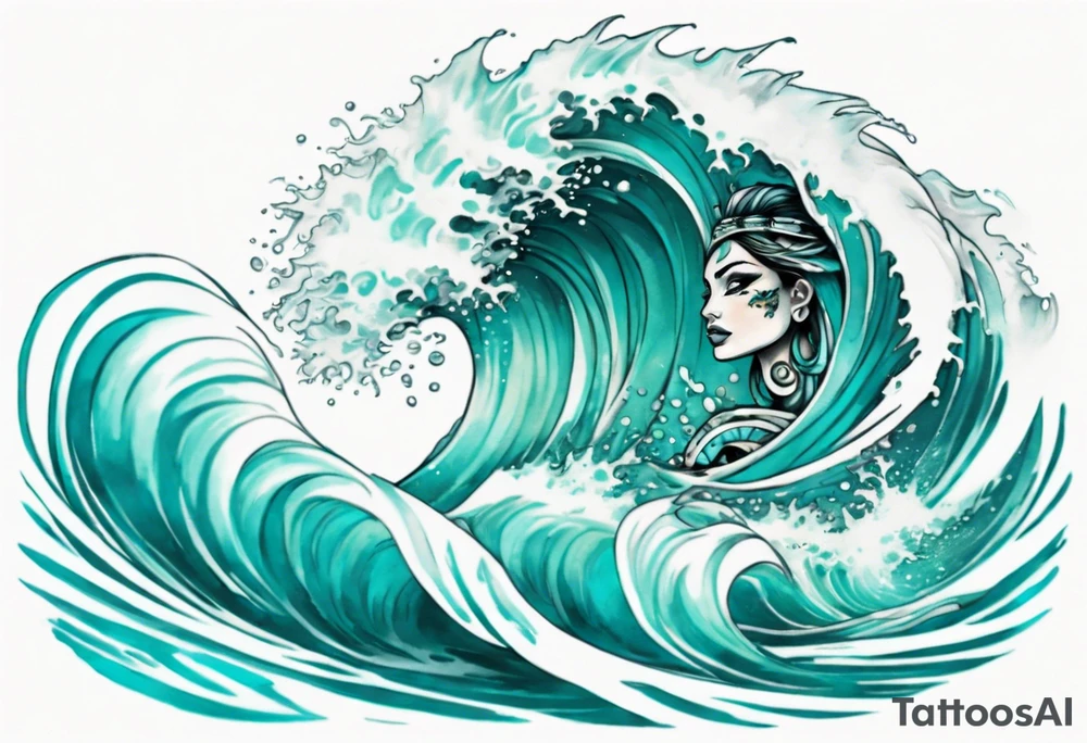 a beautiful teal face emerging from an ocean wave, crashing onto the shore tattoo idea
