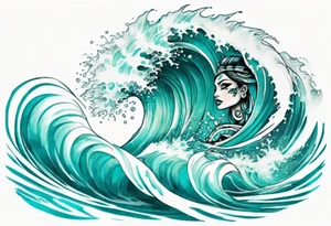 a beautiful teal face emerging from an ocean wave, crashing onto the shore tattoo idea